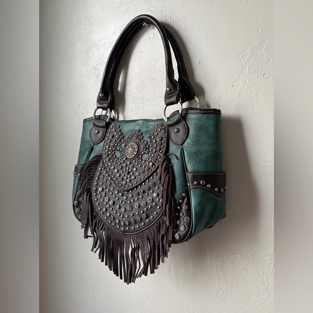 Trinity Ranch Western Studded Fringe Tote Teal Brown Leather NWT - Picture 3 of 16